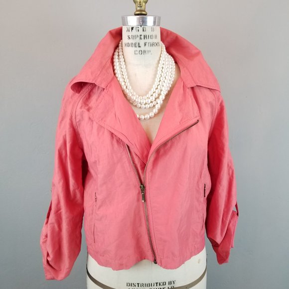 CAbi Women's Size Medium Spring Coral Moto Style Jacket Rolled Sleeves - Picture 1 of 10